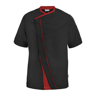 Lafont PARSLEY black with red contrast fabric, short sleeve men's chef coat, front view professional kitchen uniform.
