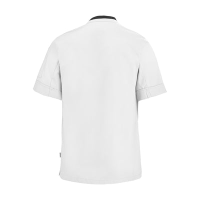Lafont PARSLEY white with black contrast fabric, short sleeve men's chef coat, back view professional kitchen uniform.