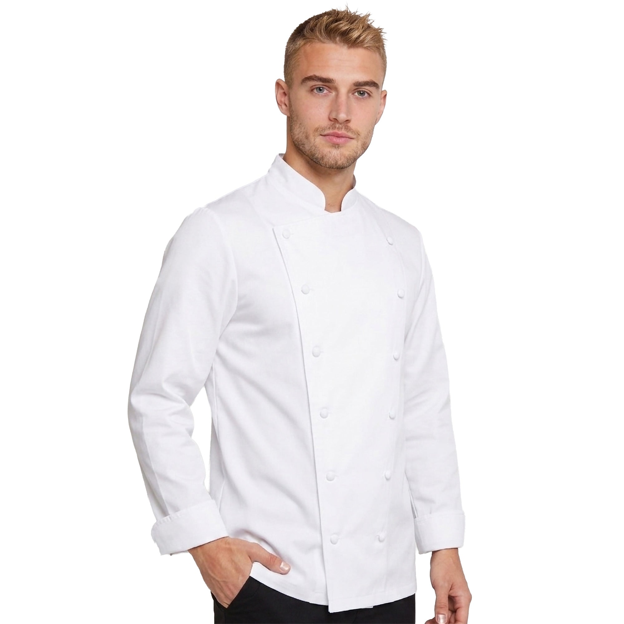 Man wearing a white Lafont long sleeve chef's coat on a white background