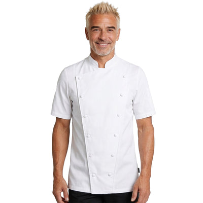 Man wearing a PLATINE white chef's coat by Lafont USA on a white background