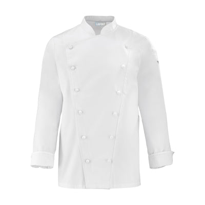Front view of a white long-sleeve double breasted men's chef coat with buttoned closures and a small Lafont logo on the sleeve.