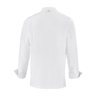 Back view of a white long-sleeve double breasted men's chef coat with buttoned closures and a small Lafont logo on the sleeve.