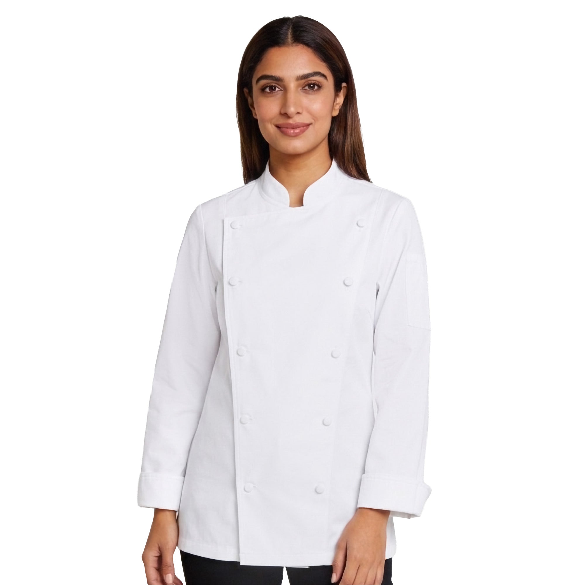 Woman wearing a white double breasted chef's coat on a white background