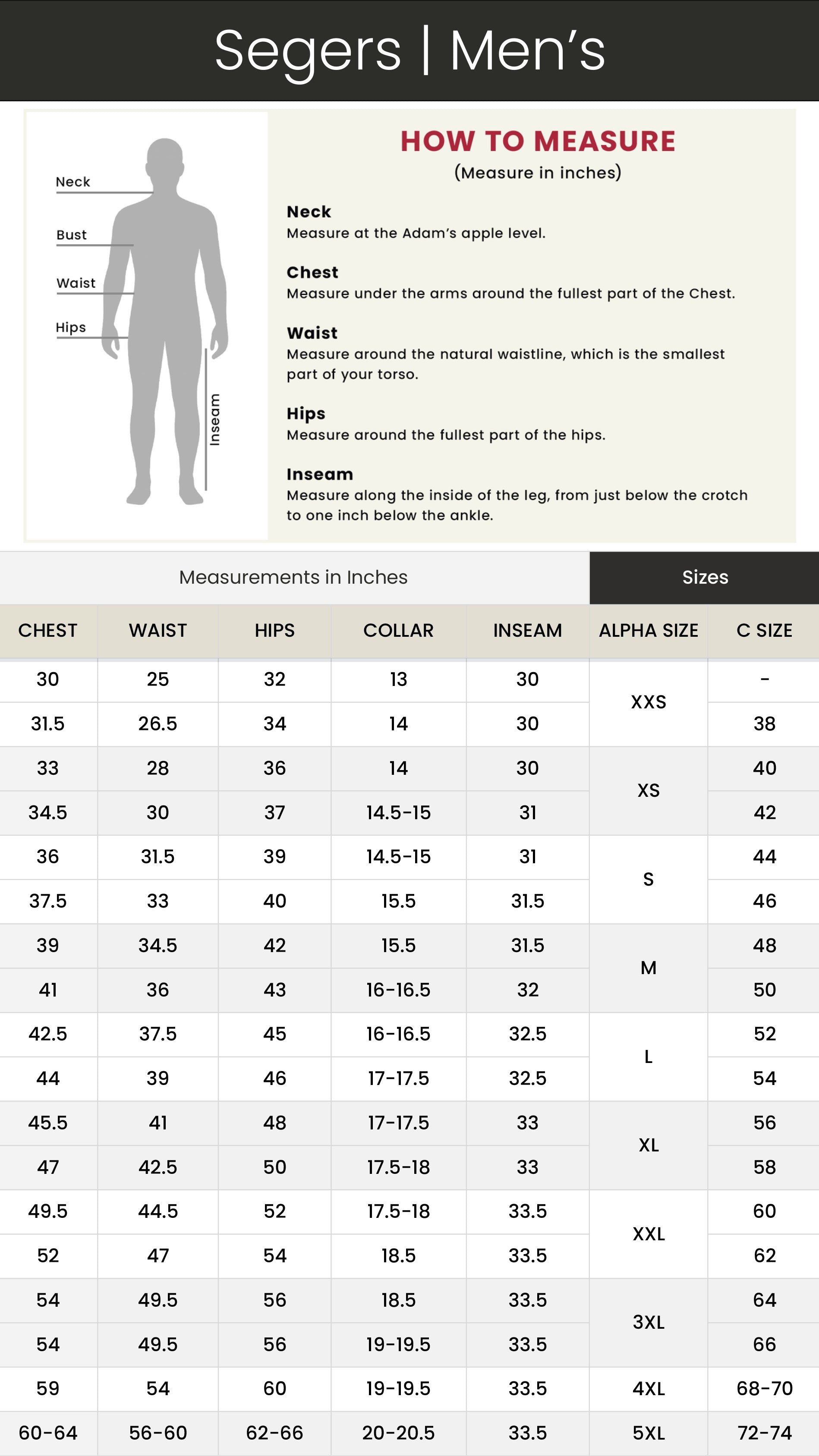 Segers men's size chart