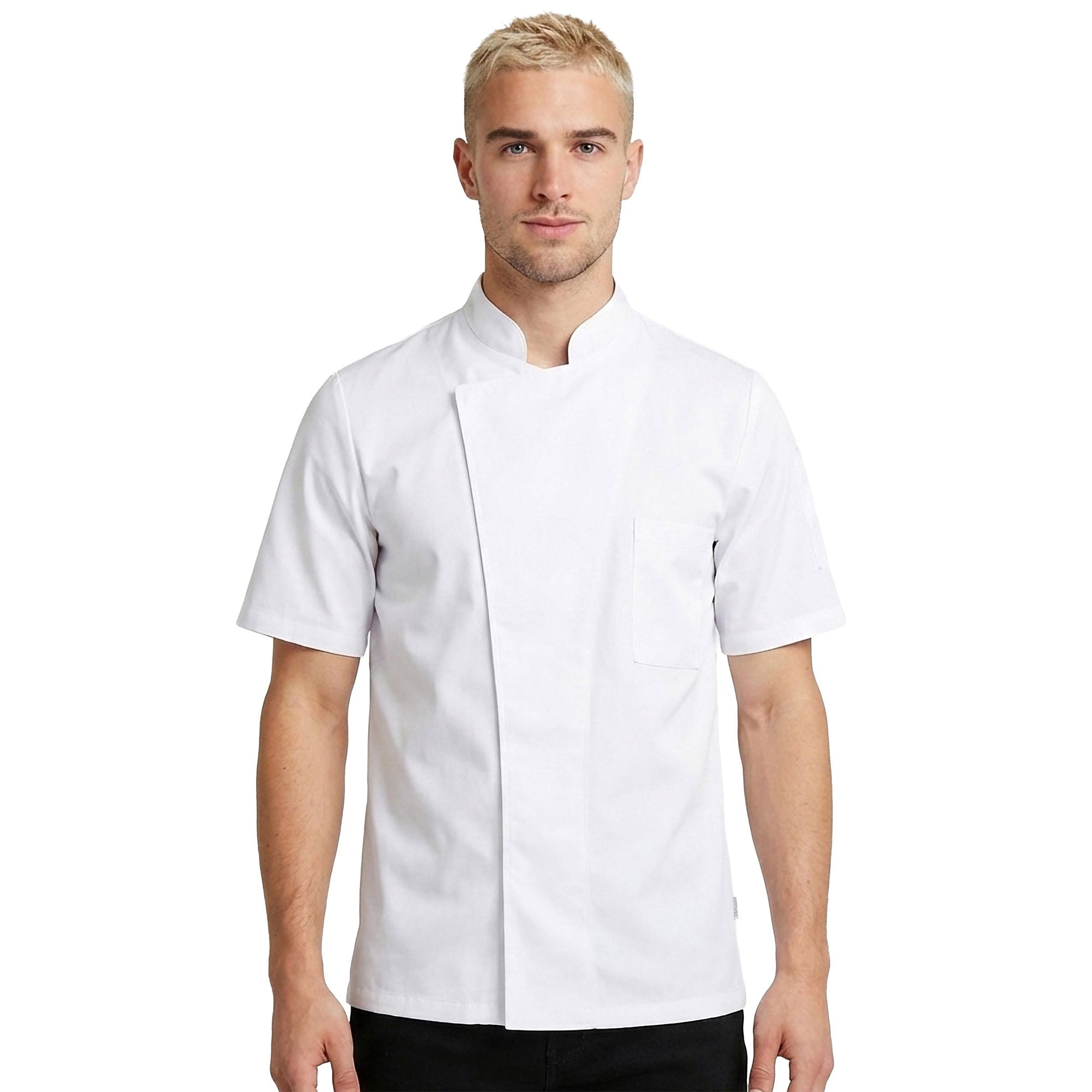 Man wearing a white Michelin quality chef's coat with short sleeves
